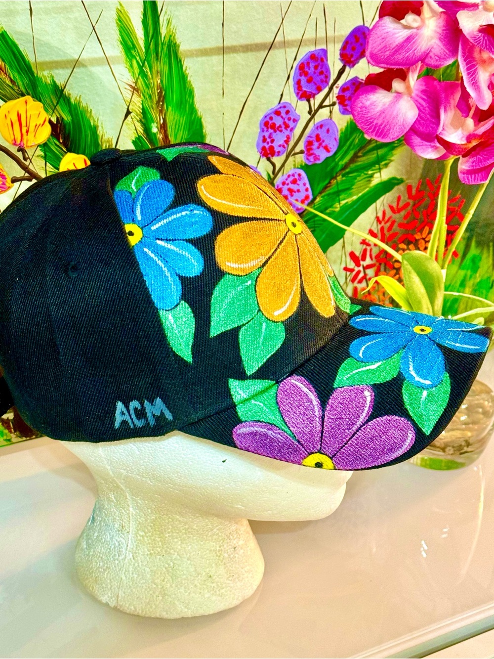 Black Floral Painted Baseball Cap - Multicolor Flower Print - Picture 12 of 13